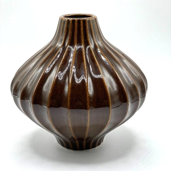 Jonathan Adler Pot Au Porter Original Collection Brown Glazed Ribbed Round Vase - Picture 1 of 9
